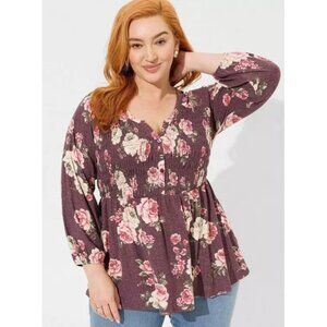 Torrid Texture Jersey Smocked Henley Babydoll Top Romantic Roses  Women 4X NWT